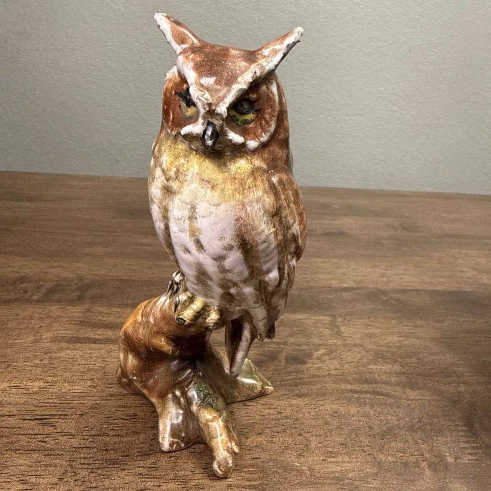 7.5" Wildlife‎ Ceramic Great Horned OWL Bird Figurine Porcelain Glaze Glazed VTG